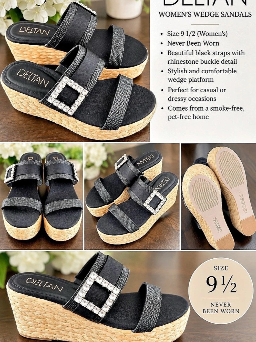 DEITAN Women's Black Wedge Sandals US 9 1/2 Like New only worn inside once.